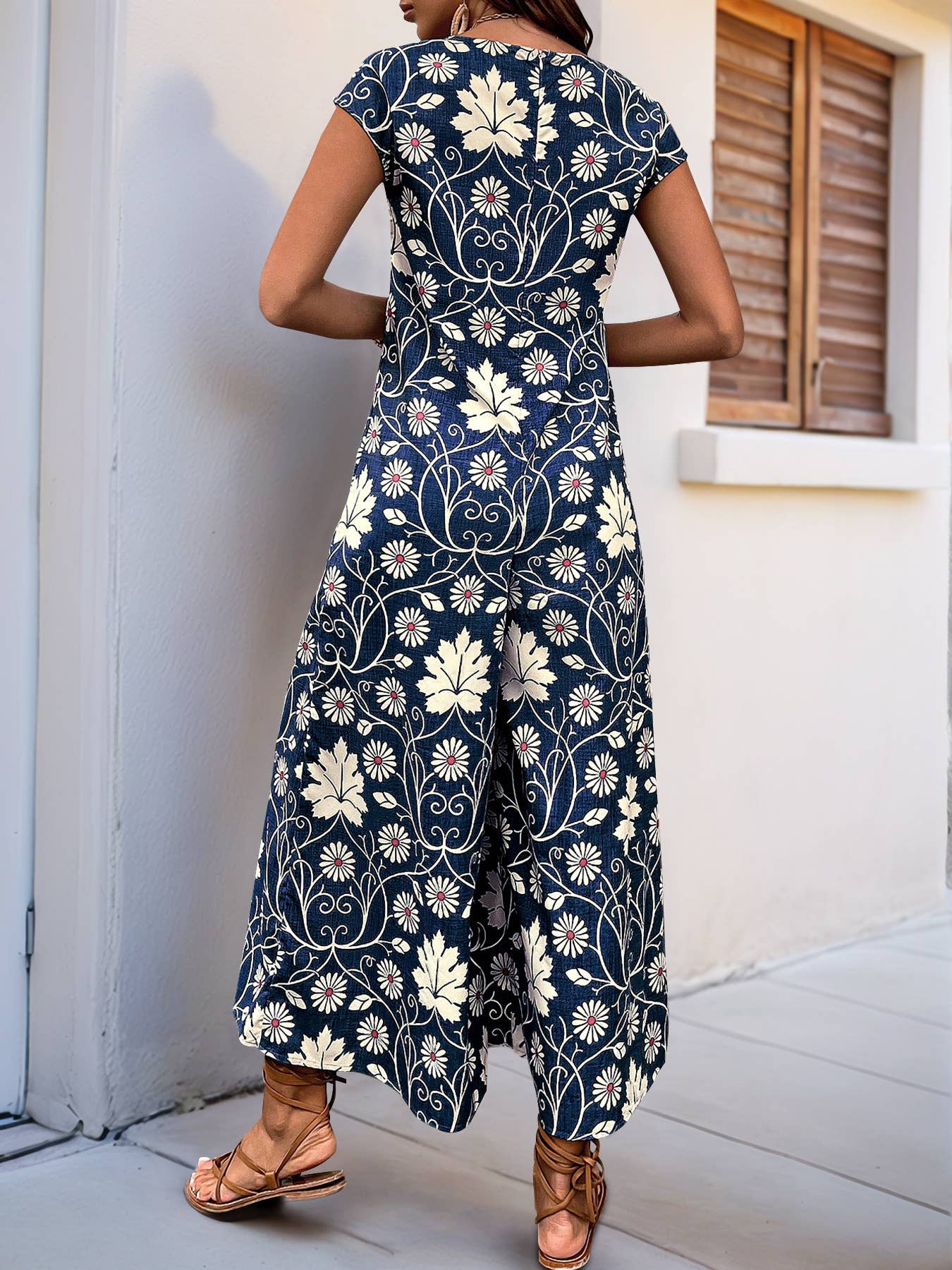 Long ethnic style printed wide-leg jumpsuit
