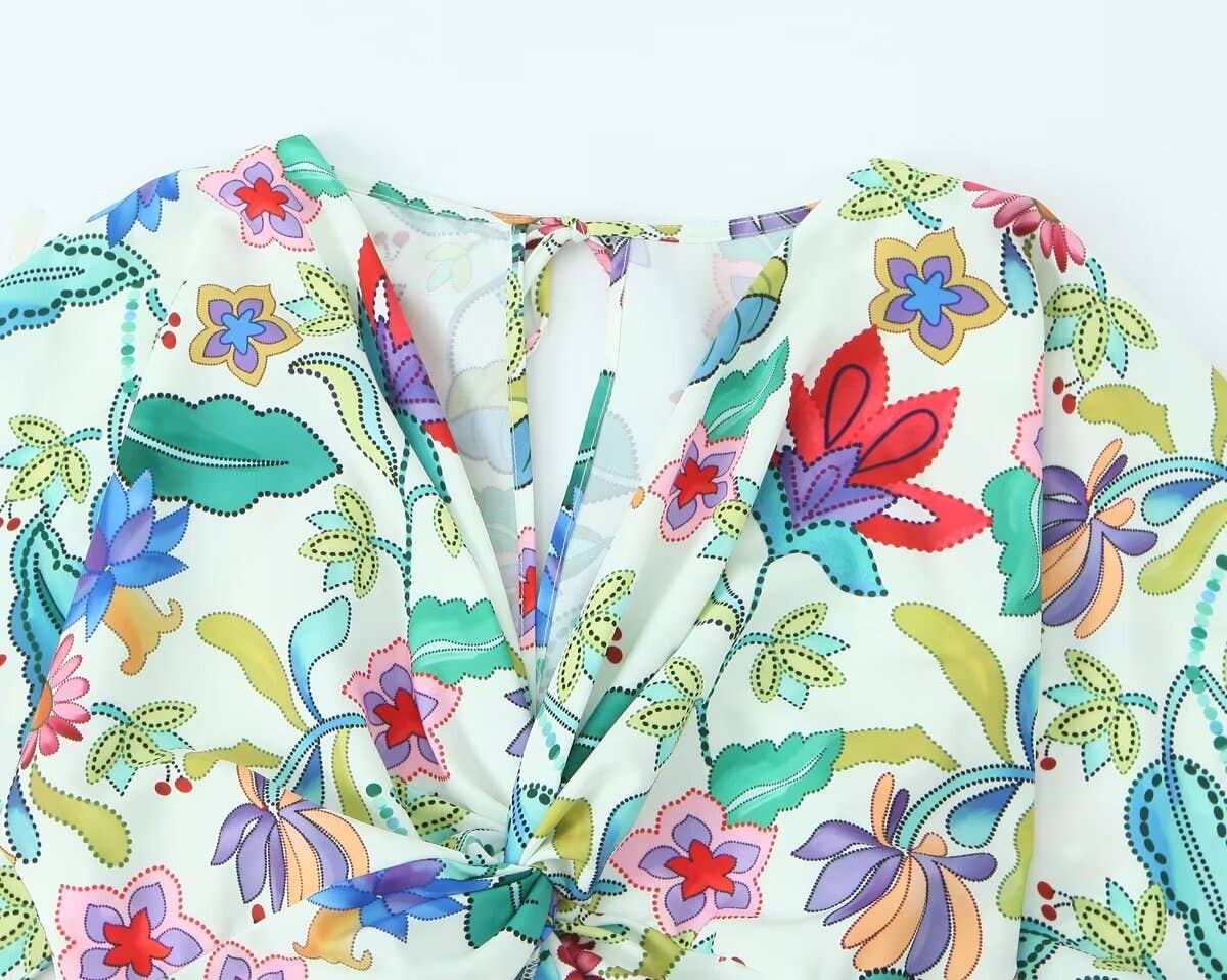 KNOTTED PRINTED LINEN BLEND DRESS