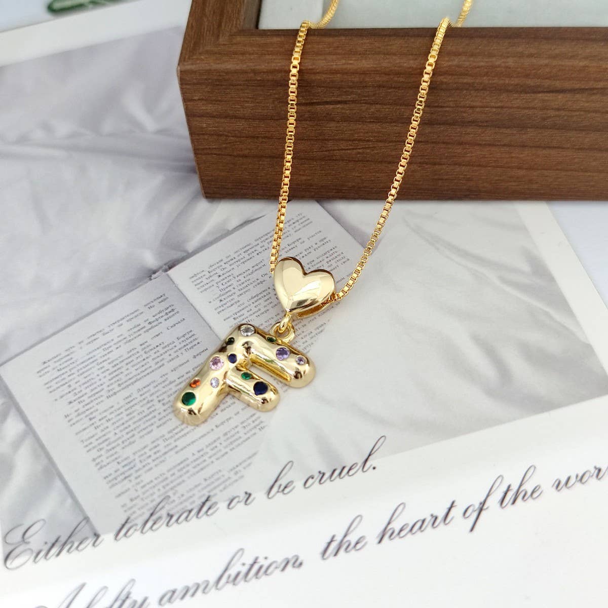 Colorful Zirconia Heart Letter Pendant Necklace