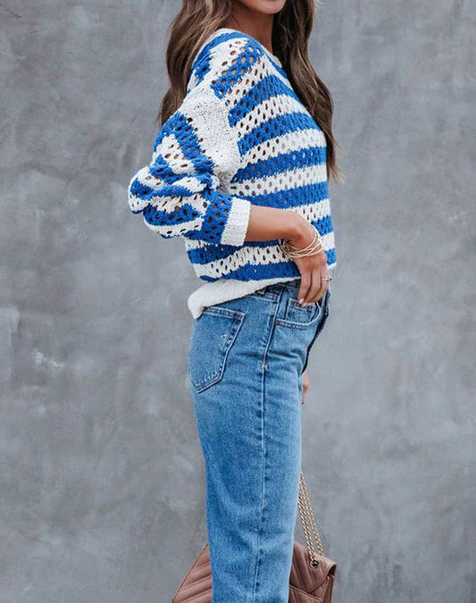 STYLISH STRIPED HOLLOWED-OUT CREW NECK KNITWEAR