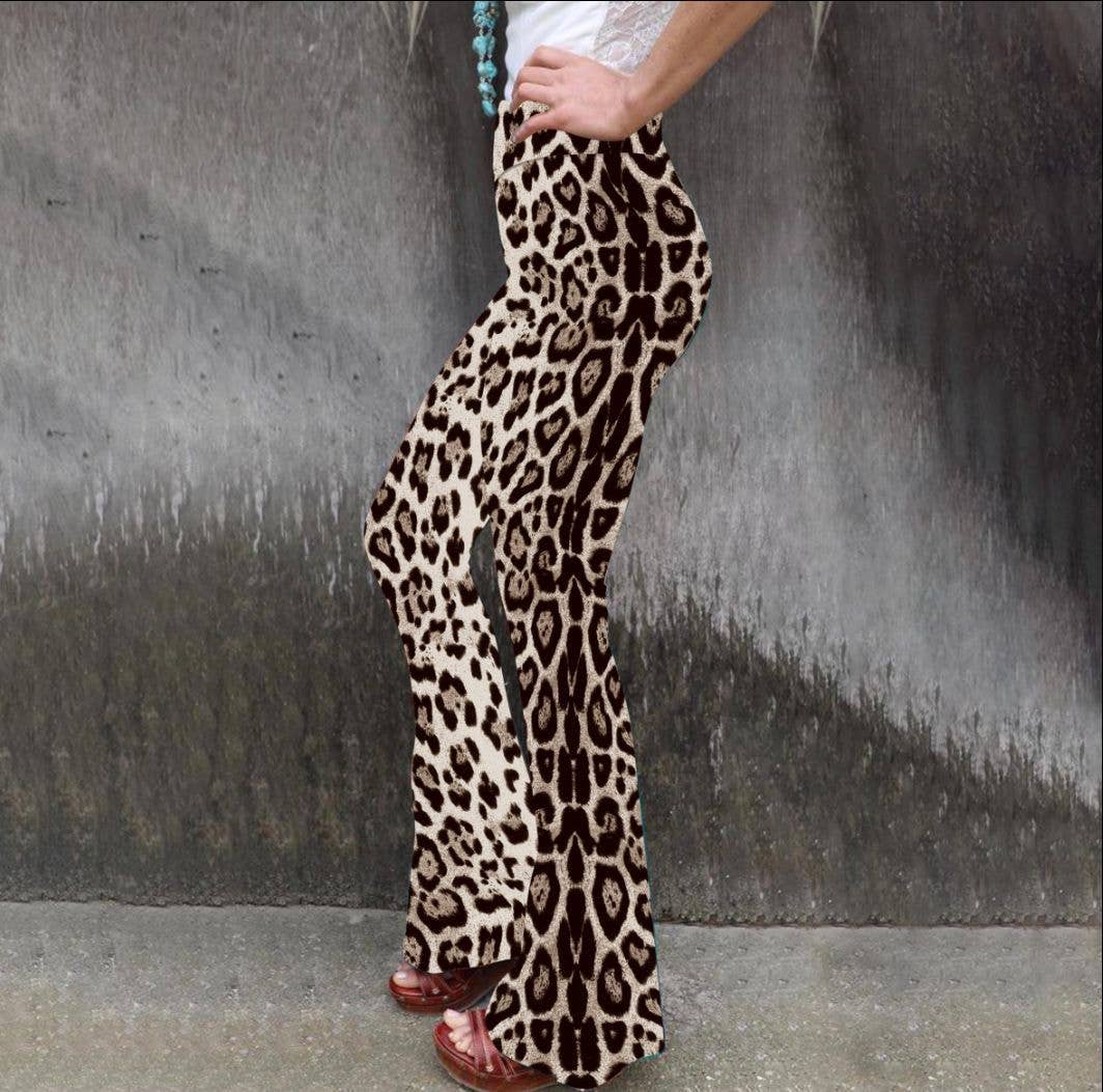 PRINTED TIGHT HEIGHT WAIST CASUAL FLARE PANTS