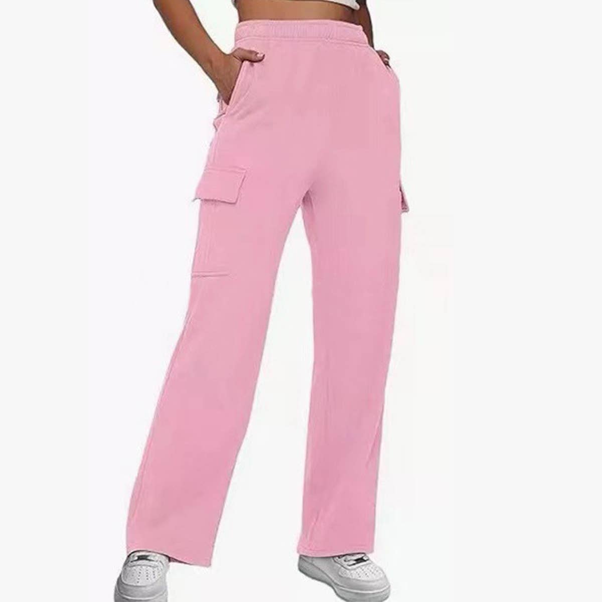 SOLID COLOR HIGH-WAISTED STRAIGHT LEG CARGO PANTS