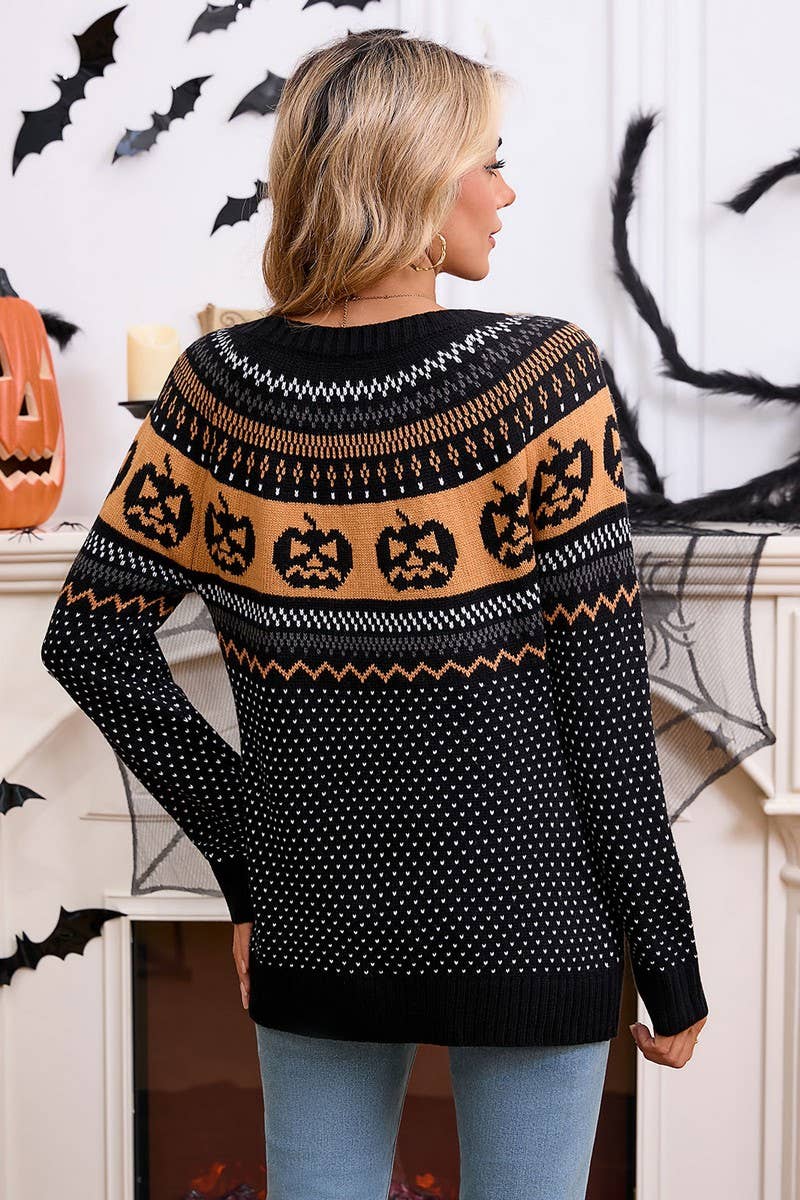 CWOSWL07354_HALLOWEEN PUMPKIN EMBROIDERED POLKA DOT SWEATER