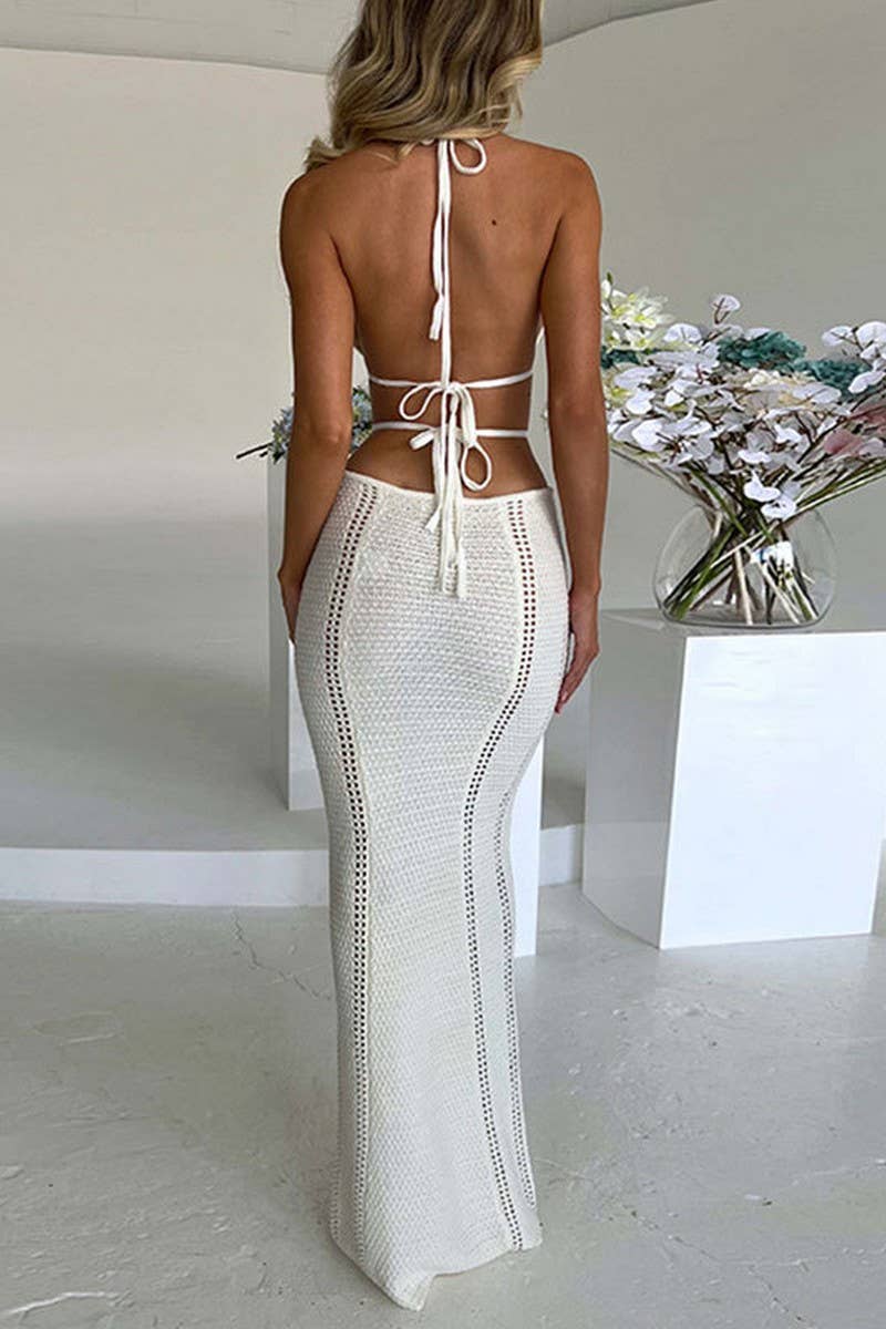 CWDMD4775_HALTER NECK TIE HOLLOW LONG DRESS BLOUSE