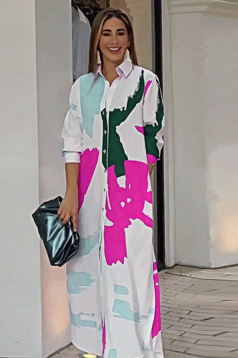 WOMEN COLLARED MARBLE PRINT COZY SHIRTS DRESS_CWDMD0719