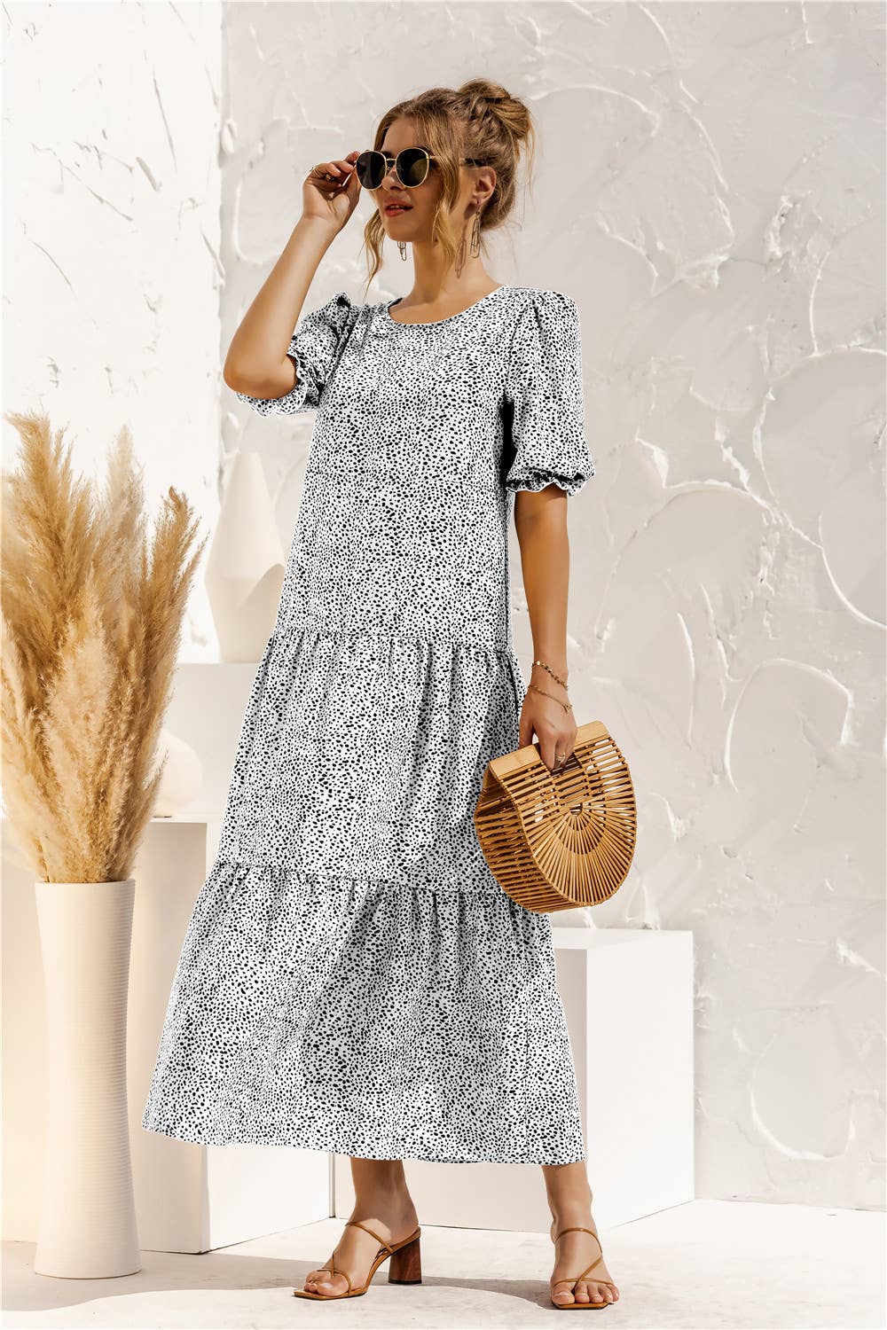 Puffed sleeve polka dot plaid patchwork dress