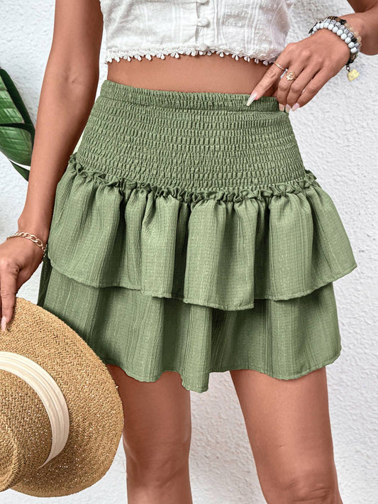 Pleated layered waist solid color short skirt