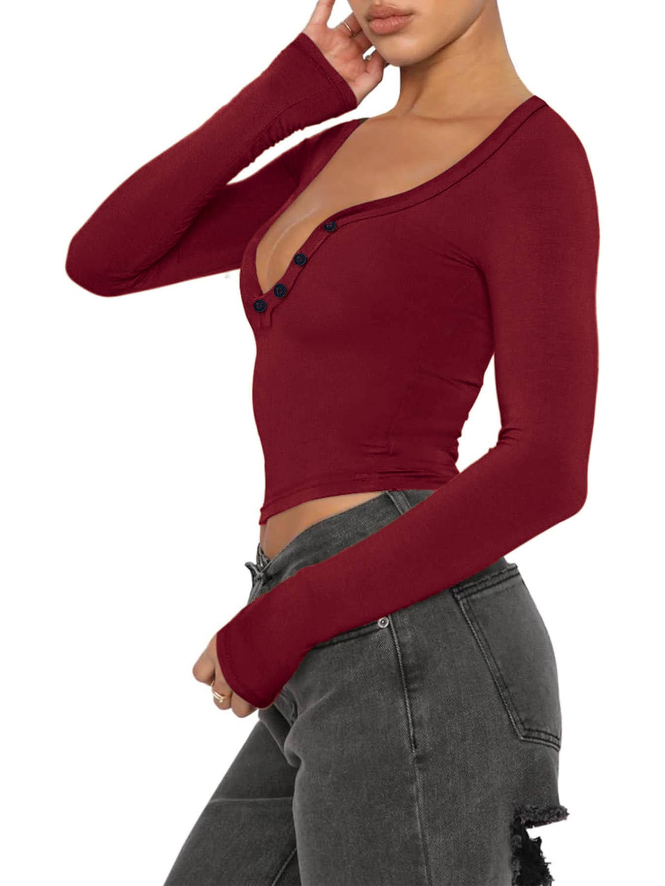 Button Casual Slimming Knitted Crop Top T-Shirt_Cwtbll4122