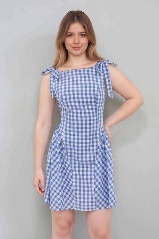 CWDSD8872_PLAID STRIPED TIE WAIST PLEATED SHORT DRESS