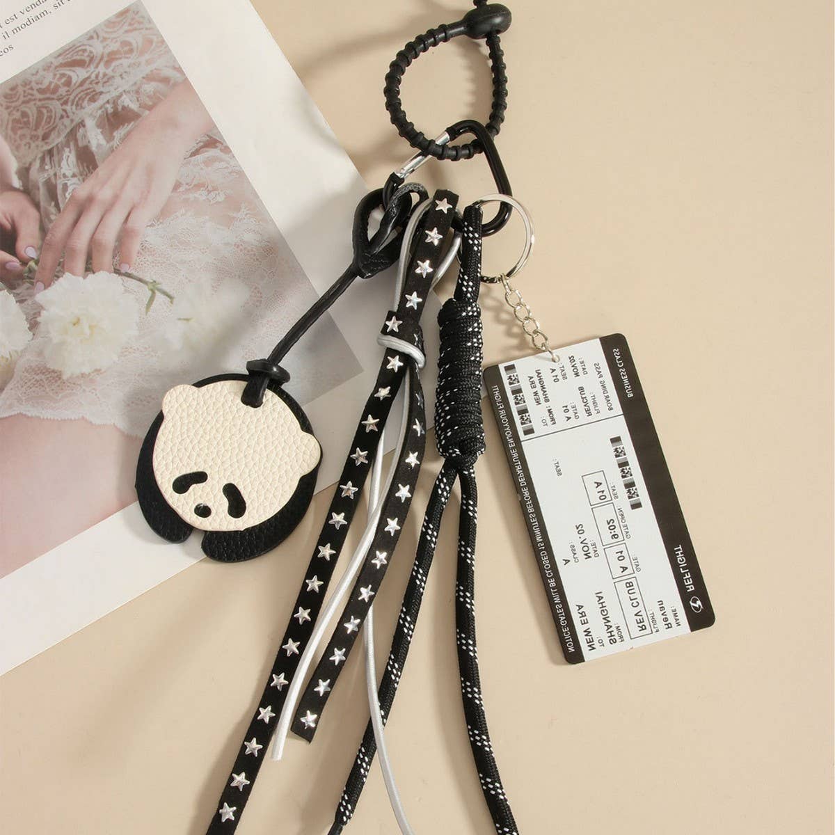 Vintage PU Panda Acrylic Tag Keychain Bag Charm
