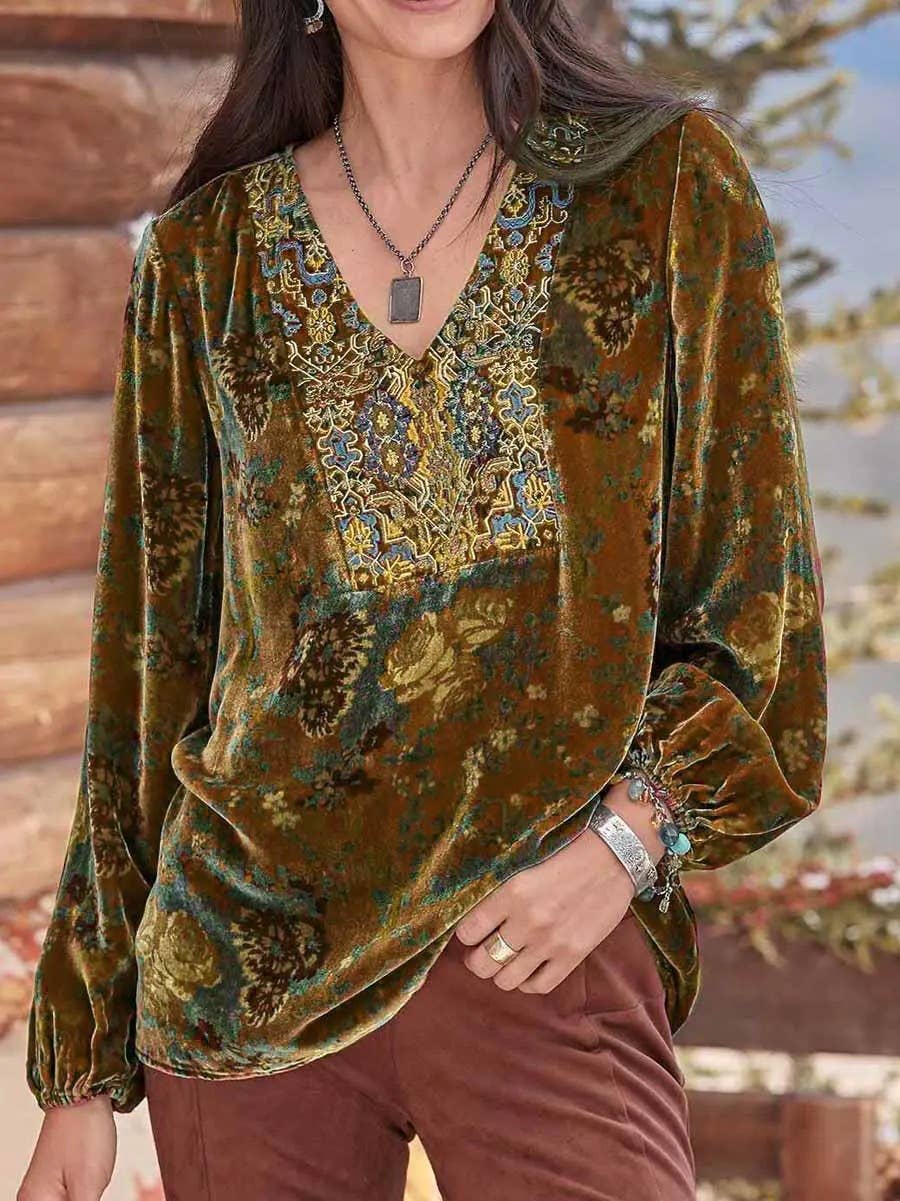 V-NECK RUFFLED PRINT LONG-SLEEVE CANARY T-SHIRT