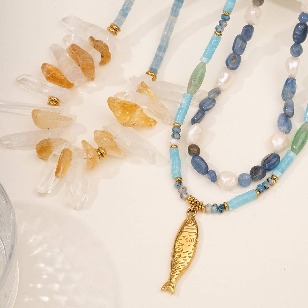 Stainless Steel Fish Pearl Natural Stone Necklace_CWMM7543