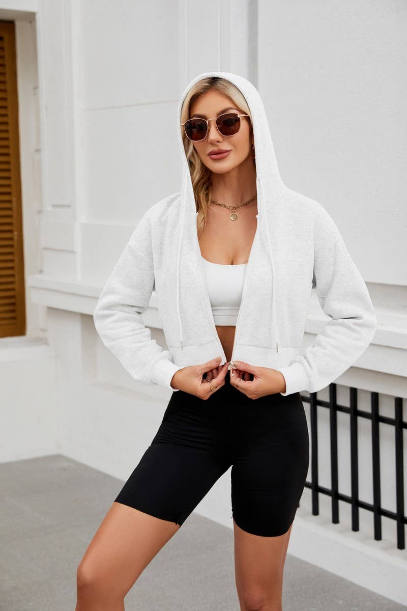 CWOCO0891_SHORT ZIPPER HOODED DRAWSTRING SWEATSHIRT