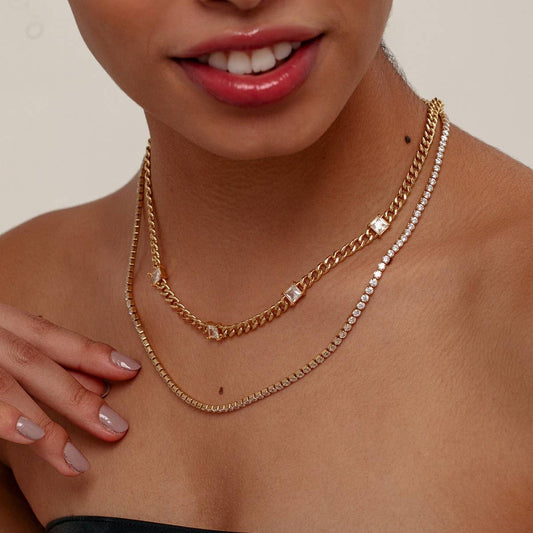 FASHION CUBAN CHAIN ZIRCONIA DOUBLE LAYER NECKLACE_CWMM3641