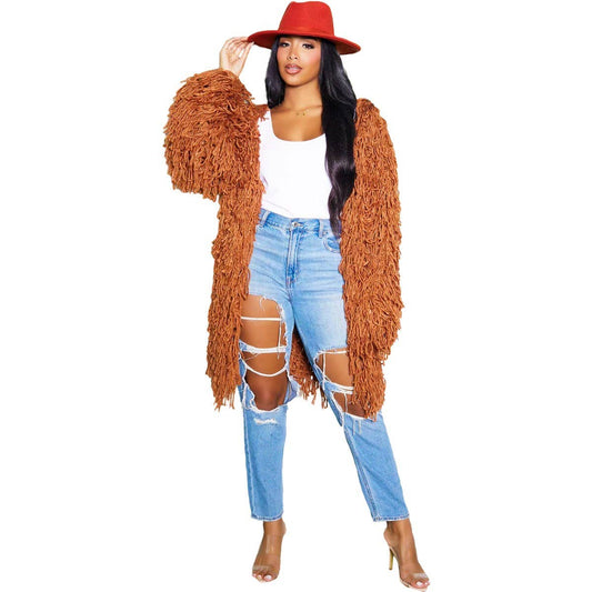 WOMEN FASHION HOLLOWED OUT TASSEL CARDIGAN