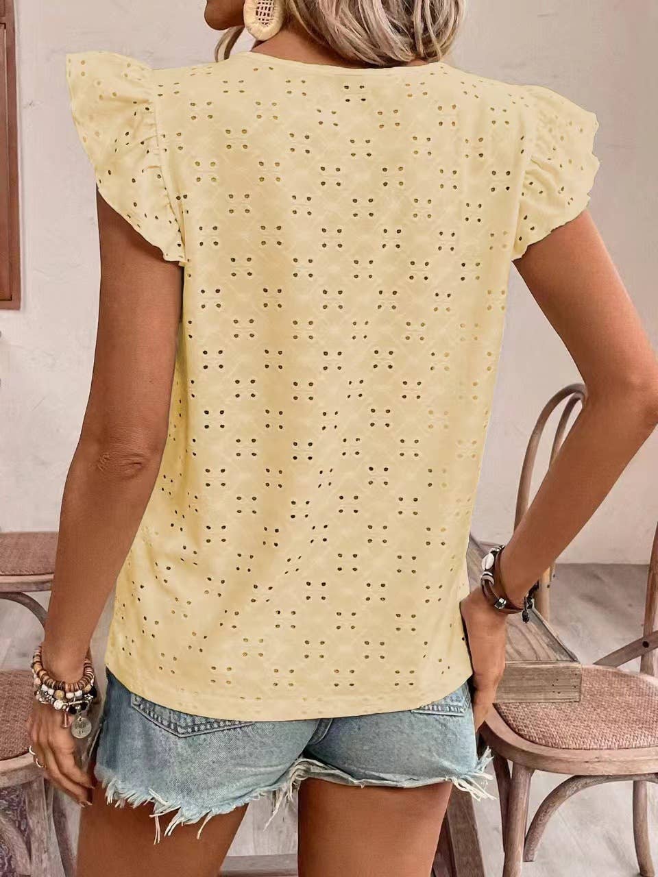 Jacquard V-neck pusher short-sleeved T-shirt