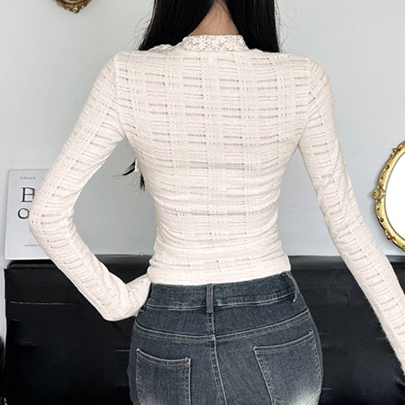 SOLID COLOR BOW AND LACE PULLOVER HALF-NECK TOP