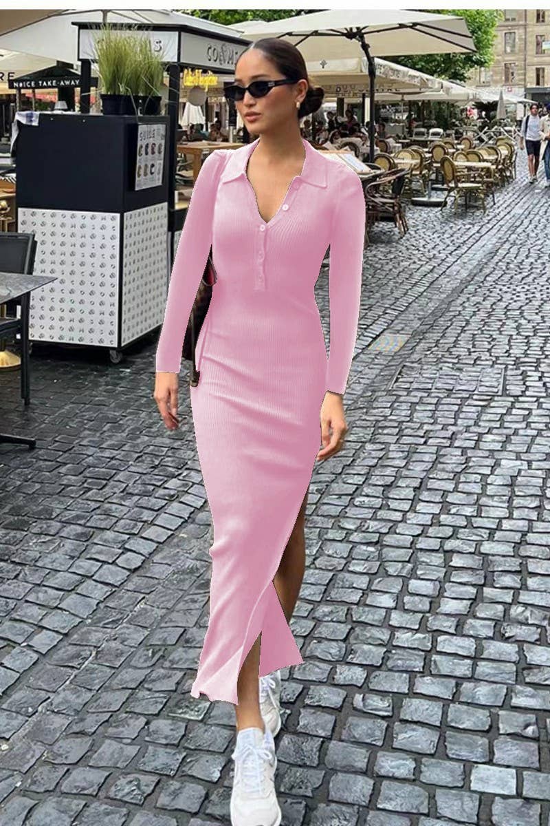 CWDMD4903_SLIM FIT POLO NECK RIBBED LONG SLEEVE SLIT DRESS