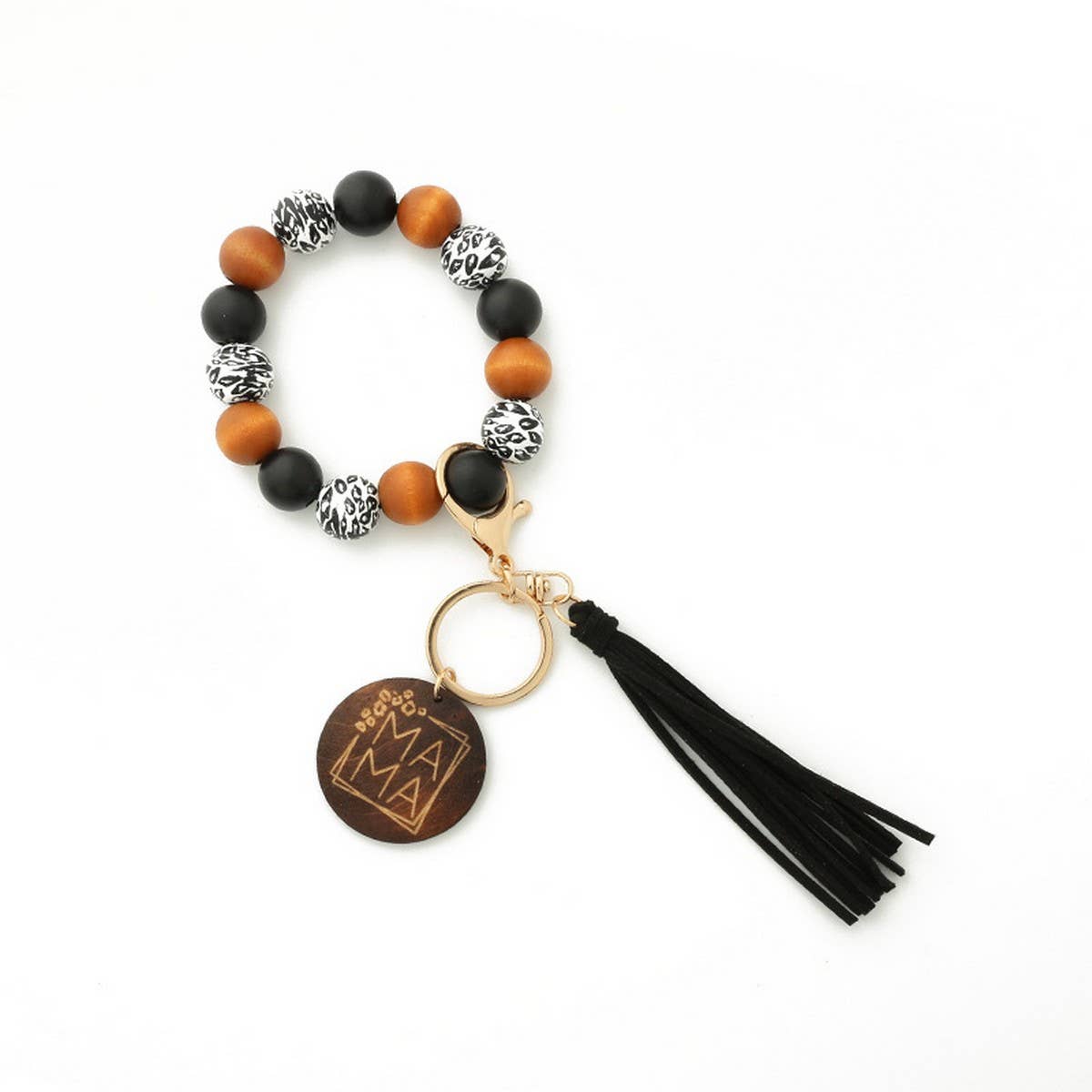 Leopard Wood Bead Bracelet with Tassel Keychain_CWAB5013