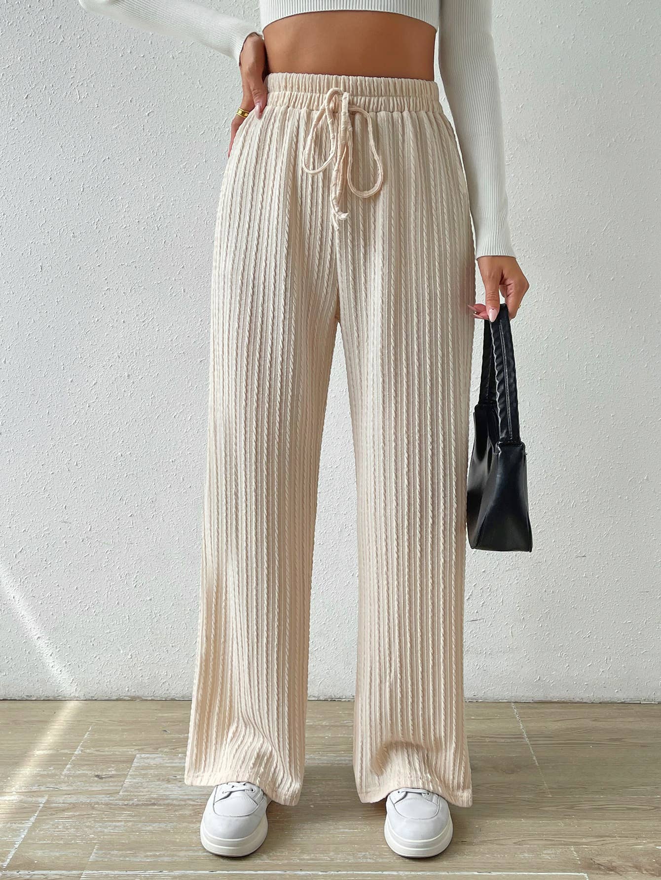 KNIT WIDE LEG STRAIGHT PANTS WITH WAIST TEXTURE