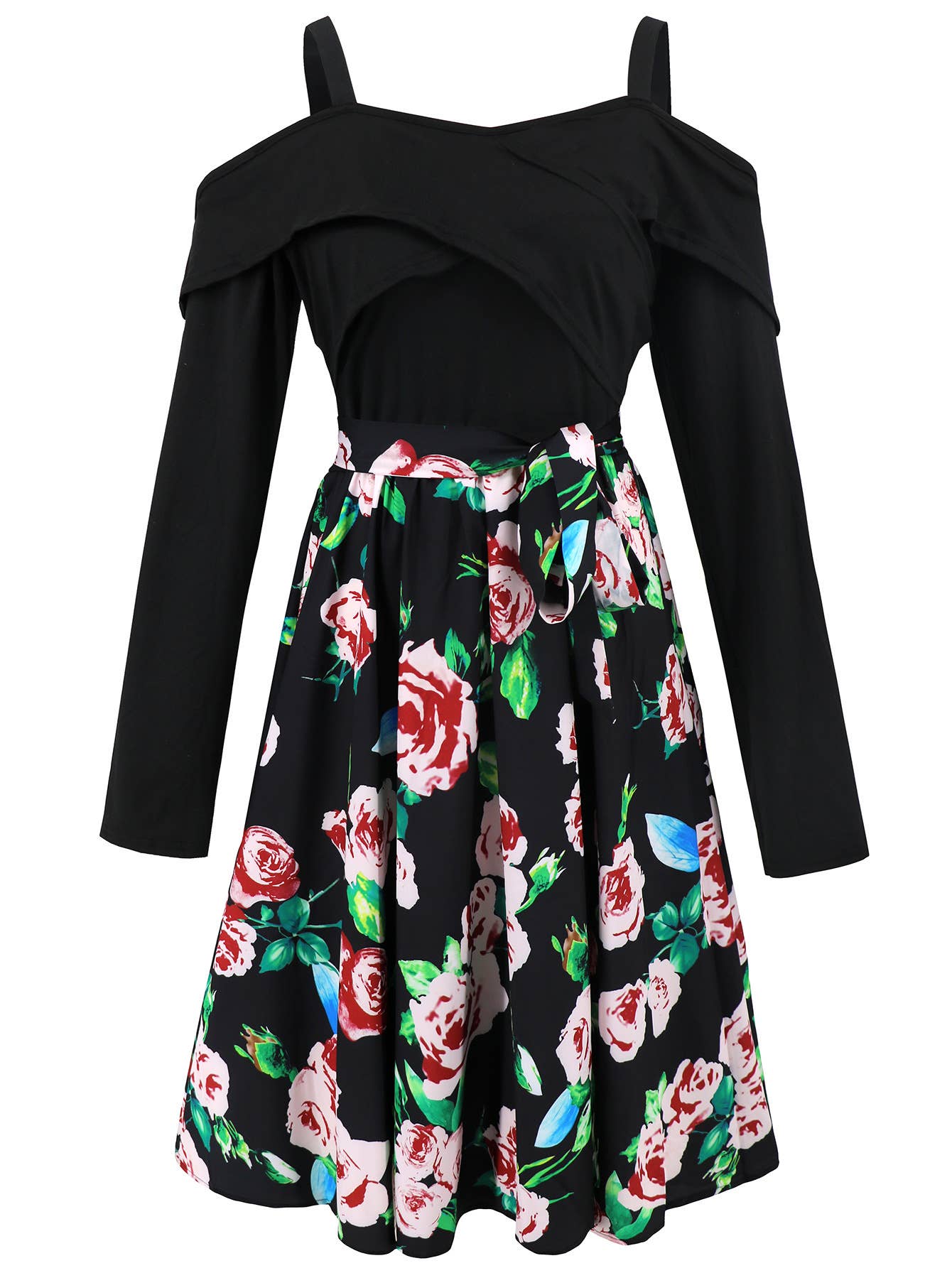 Long Sleeve Off-Shoulder Floral A-Line Dress