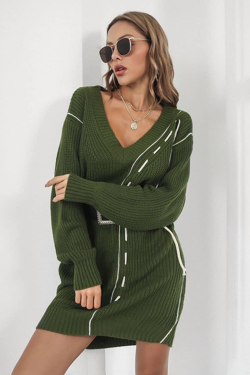 CWDSD7333_LOOSE NEW V-NECK LONG-SLEEVED SWEATER DRESS