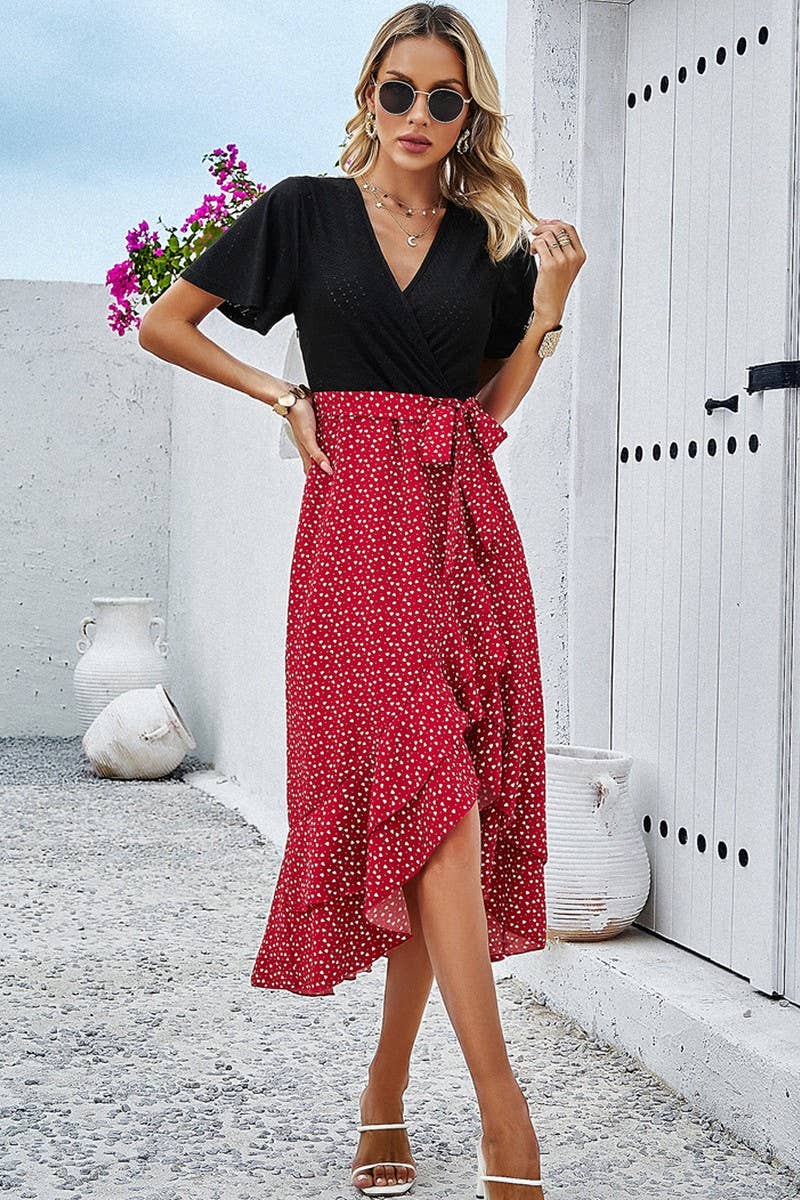 CWDMD4608_ELEGANT CONTRAST COLOR SHORT-SLEEVED V-NECK DRESS