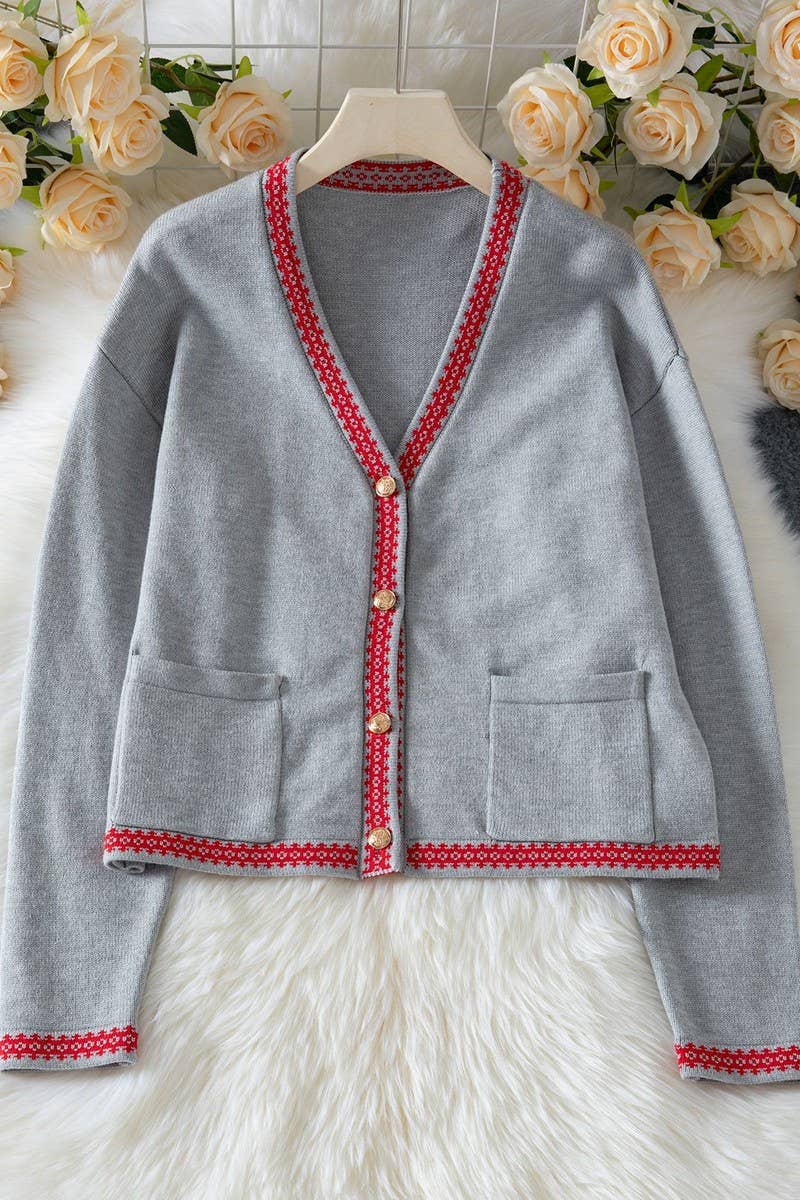 CWOCAL00729_COLOR TRIM BUTTON FRONT LUXURY KNIT CARDIGAN
