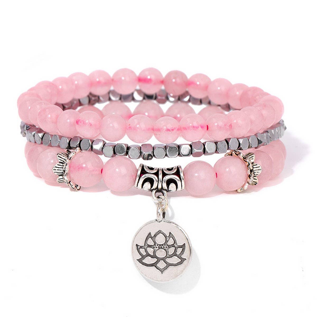 CWAJE4221_NATURAL STONE LOTUS PENDANT THREE-LAYER BRACELET