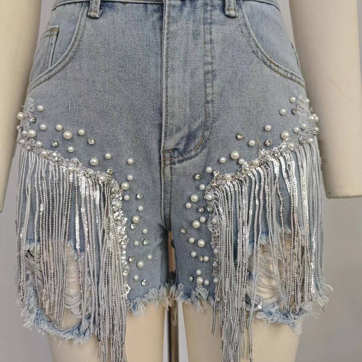 WASHED DIAMOND BEADED DENIM SHORTS FRINGE HOT PANTS