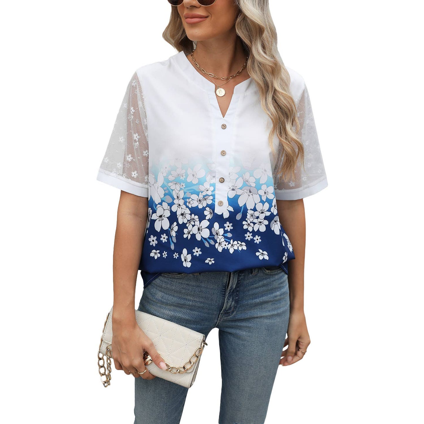 Patchwork Lace Sleeve V-Neck Print Chiffon Shirt