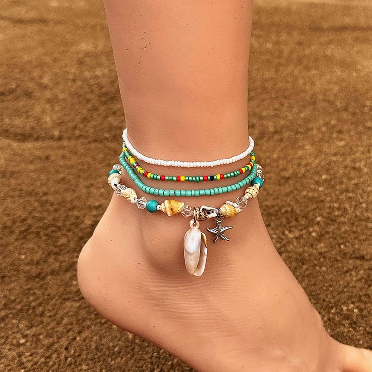 Boho Beaded Anklet ??Starfish & Shell Charms_CWMM6344