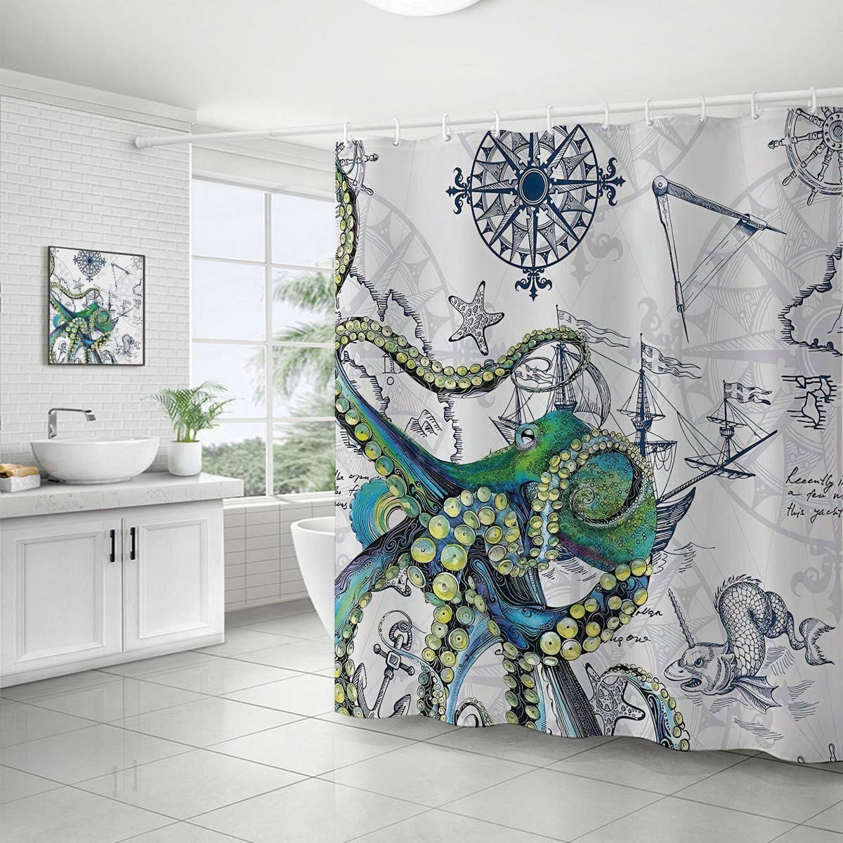 OCTOPUS PIRATE SHIP BATHROOM SHOWER CURTAIN_CWMM1804