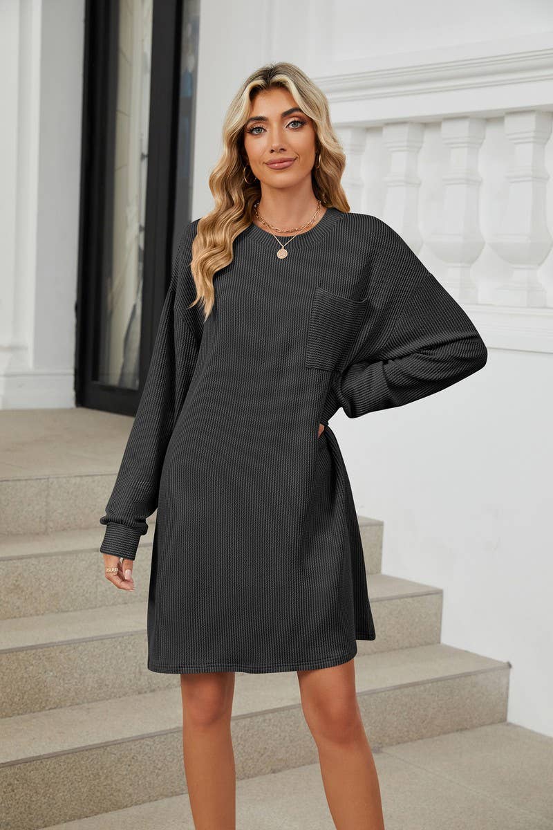 CWDSD5995_ROUND NECK POCKET LOOSE LONG SLEEVE DRESS