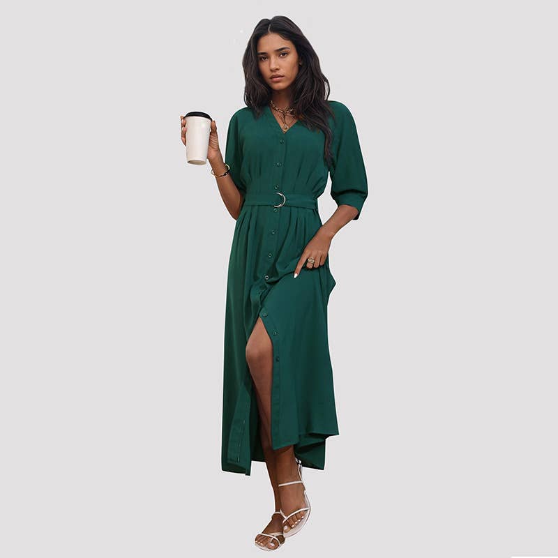 LONG MID-SLEEVED GREEN DRESS WITH BELT