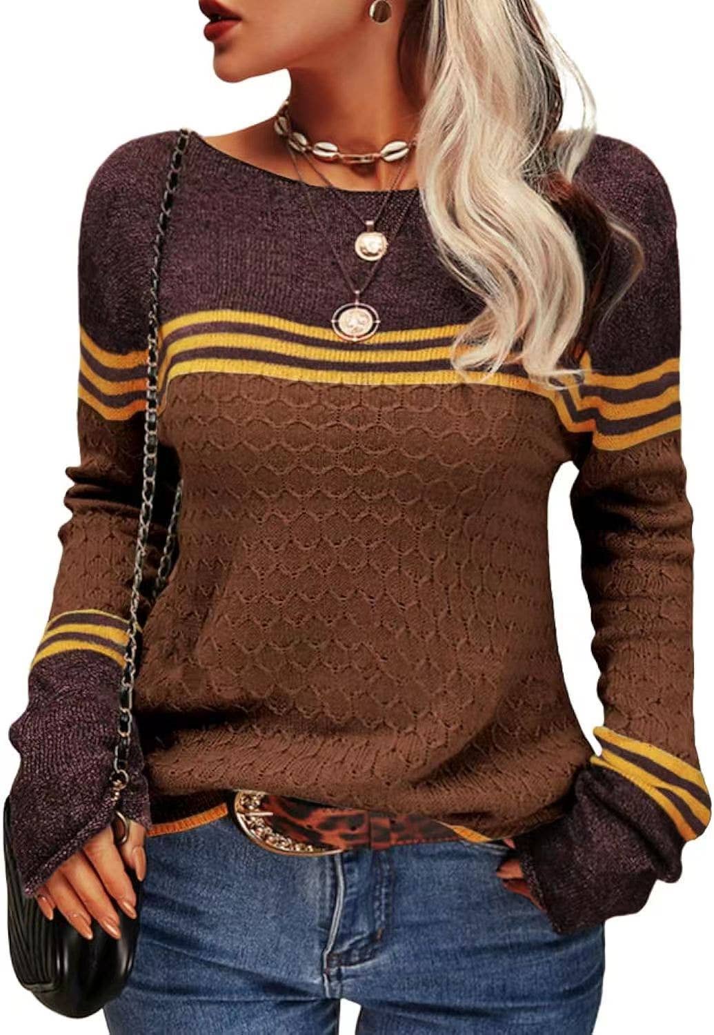 STYLISH CREW-NECK SWEATER WITH STRIPES AND COLORS
