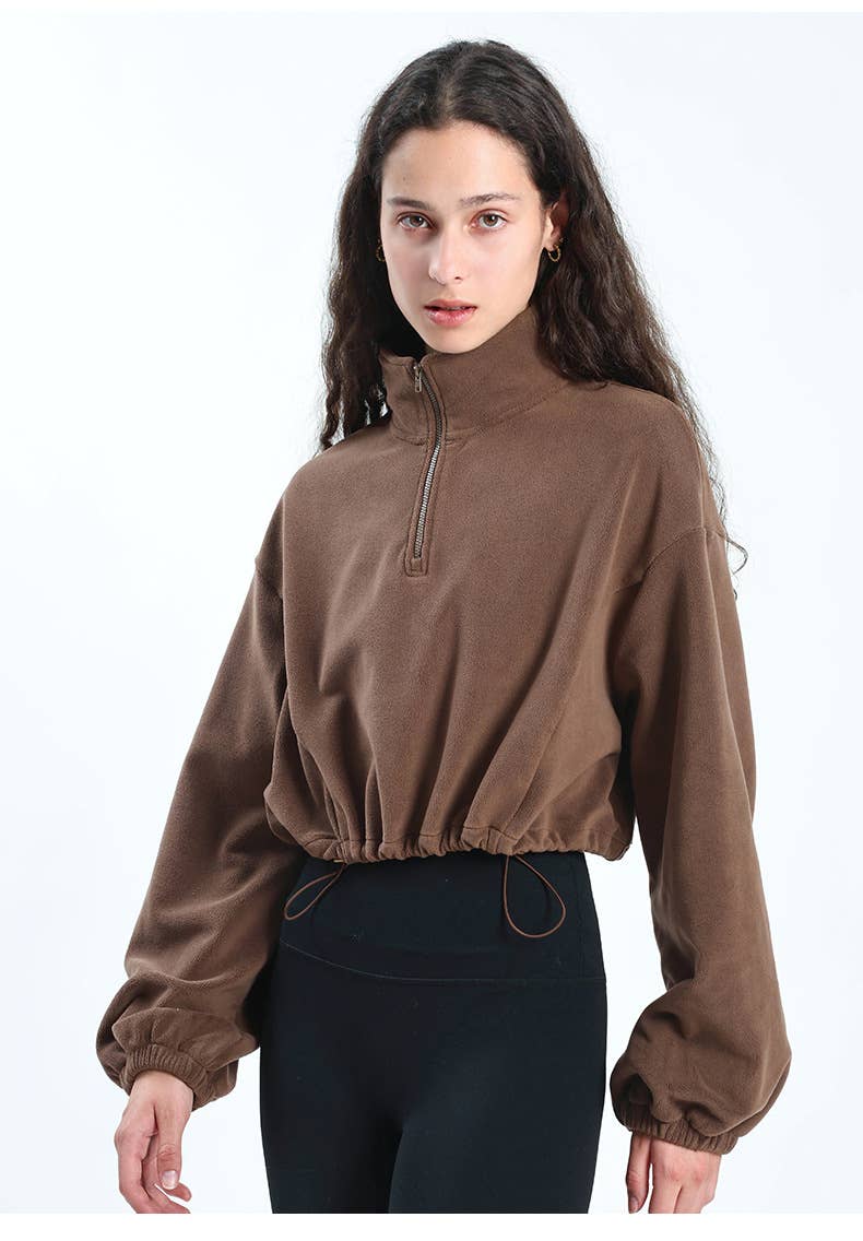 Adjustable hem semi-zipper fleece hoodie