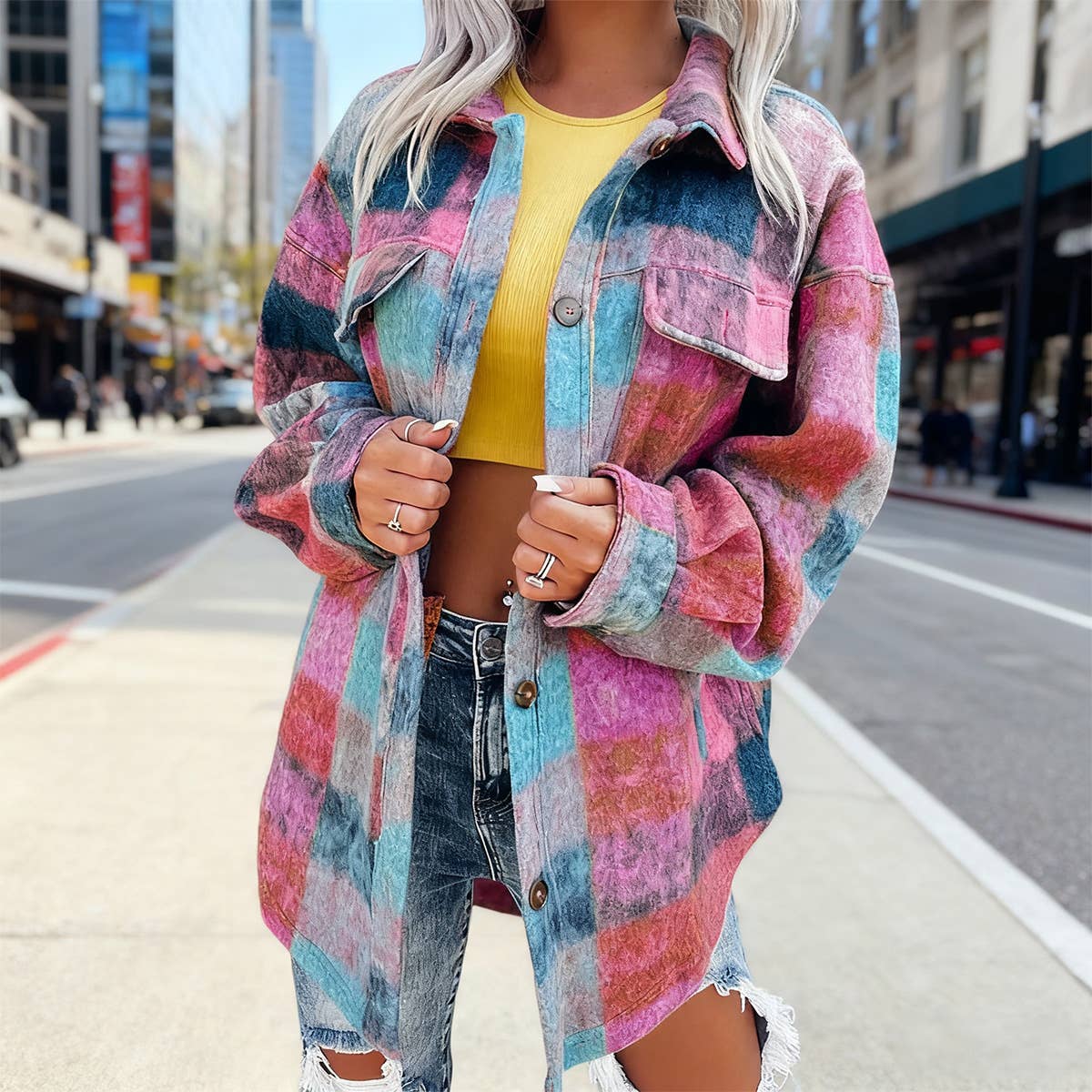 Tweed printed casual and fashionable lapel coat