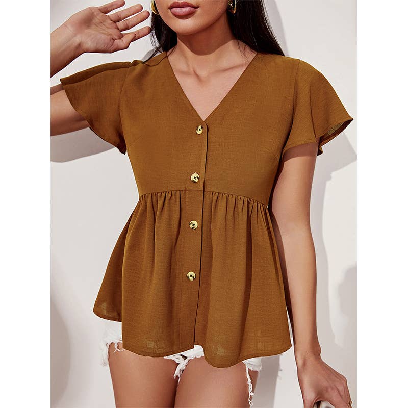 V-NECK SOLID COLOR SLIM-FIT SHORT-SLEEVED TOP