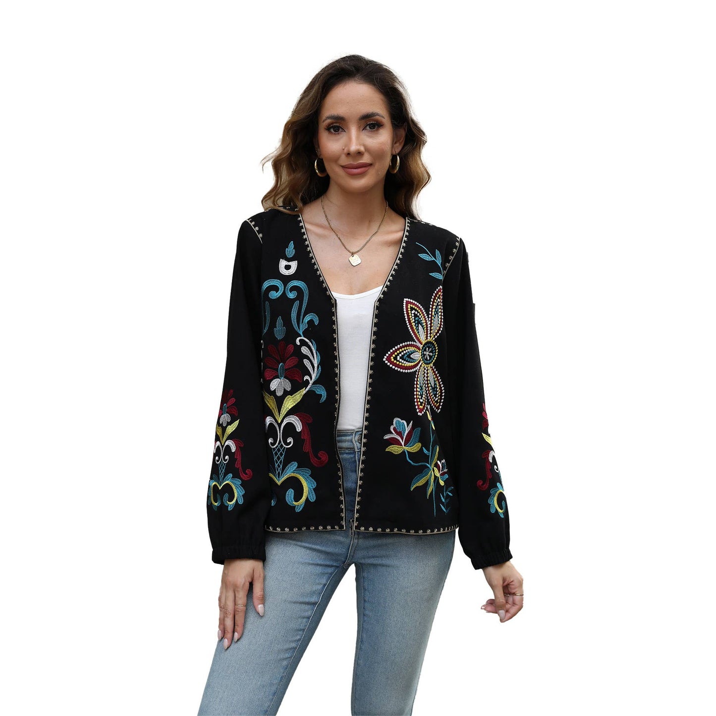 Ethnic-style embroidered V-neck zipper cardigan