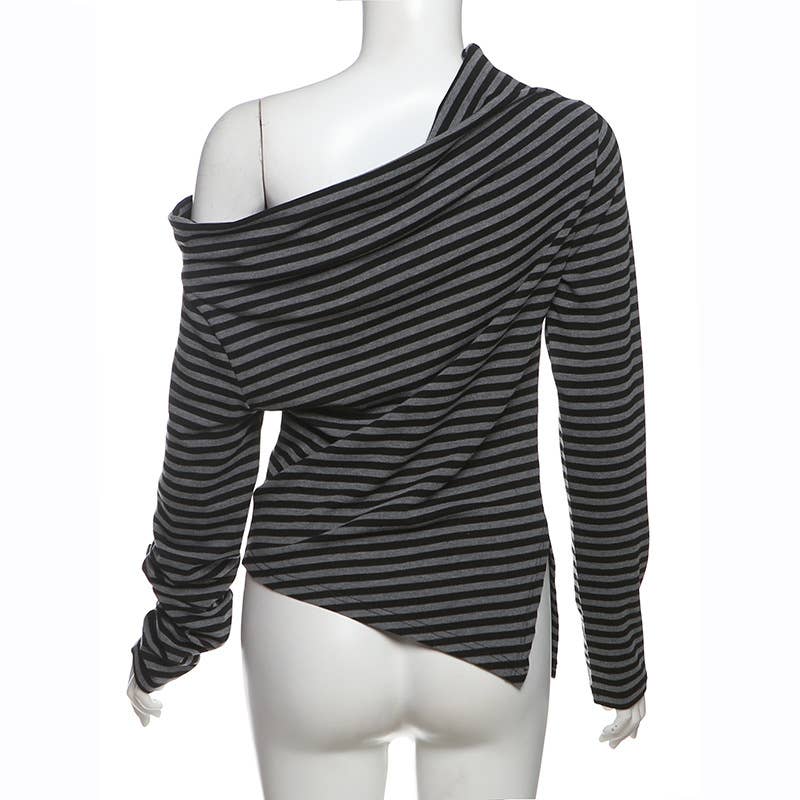 SOLID COLOR BAGGY DIAGONAL COLLAR STRIPED TOP