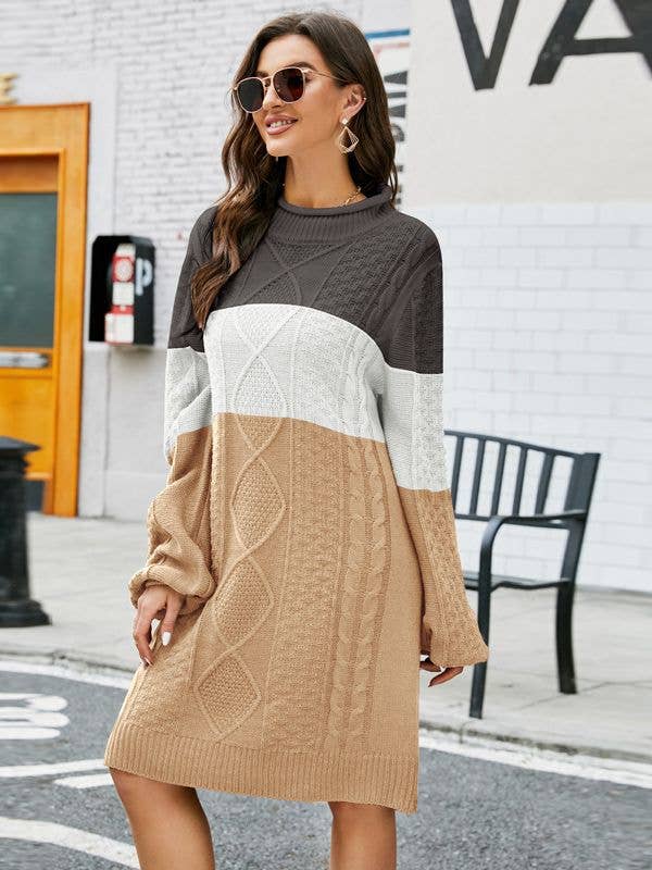 LONG SLEEVE SWEATER DRESS IN CONTRASTING COLORS