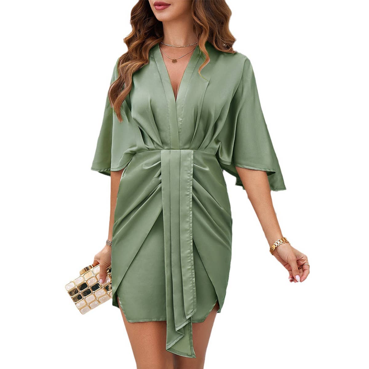 V NECK 3/4 BATWING SLEEVE RUFFLED DRESS_CWDSD3538