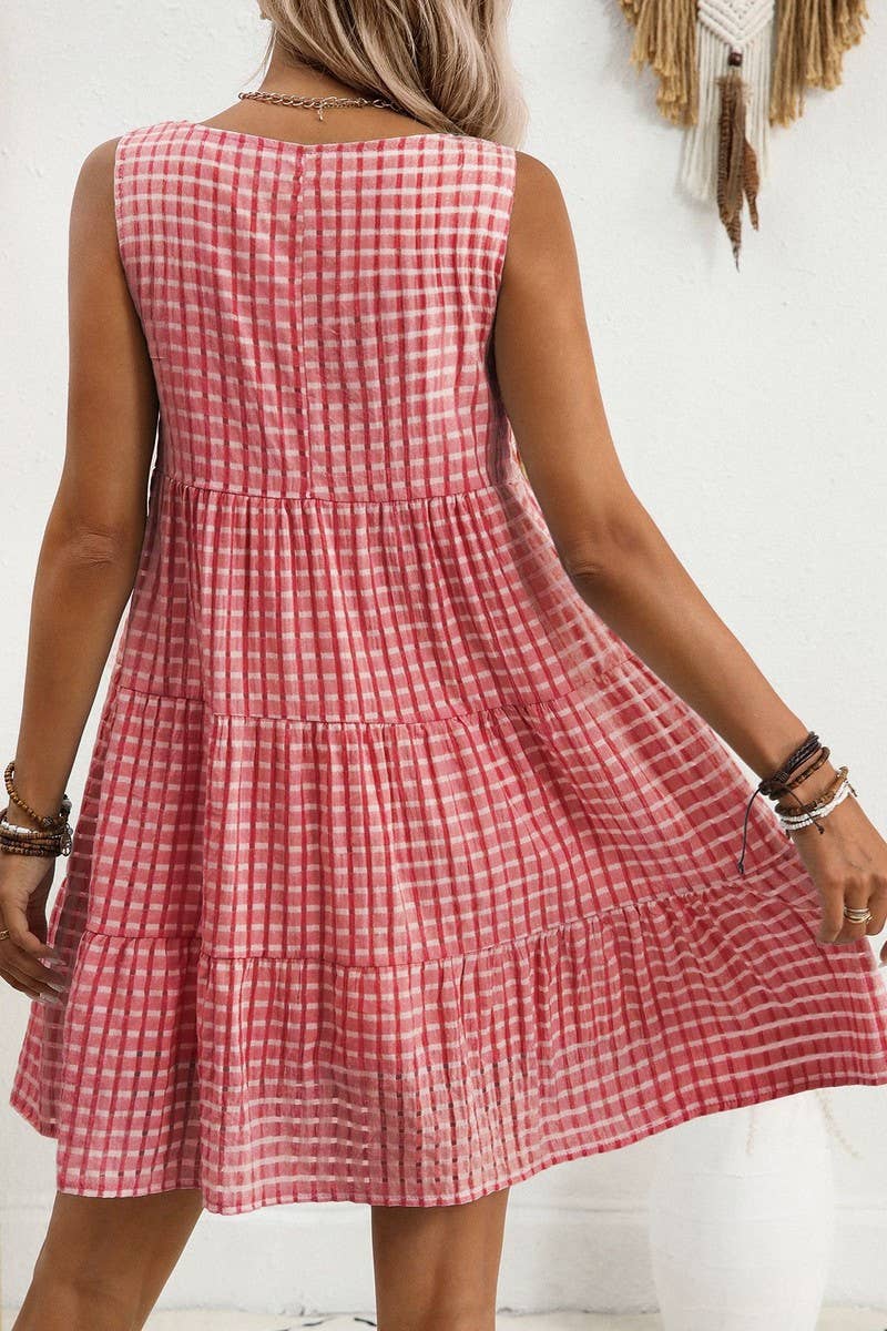CWDSD8675_SLEEVELESS PLAID LOOSE FIT FLOWY DRESS