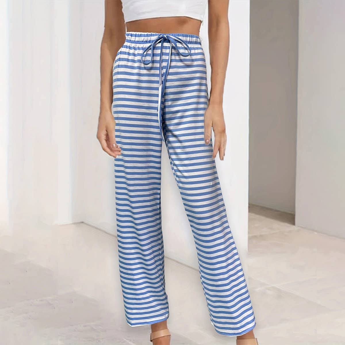 STRIPED WIDE-LEG BELTED HIGH-WAISTED YOGA PANTS