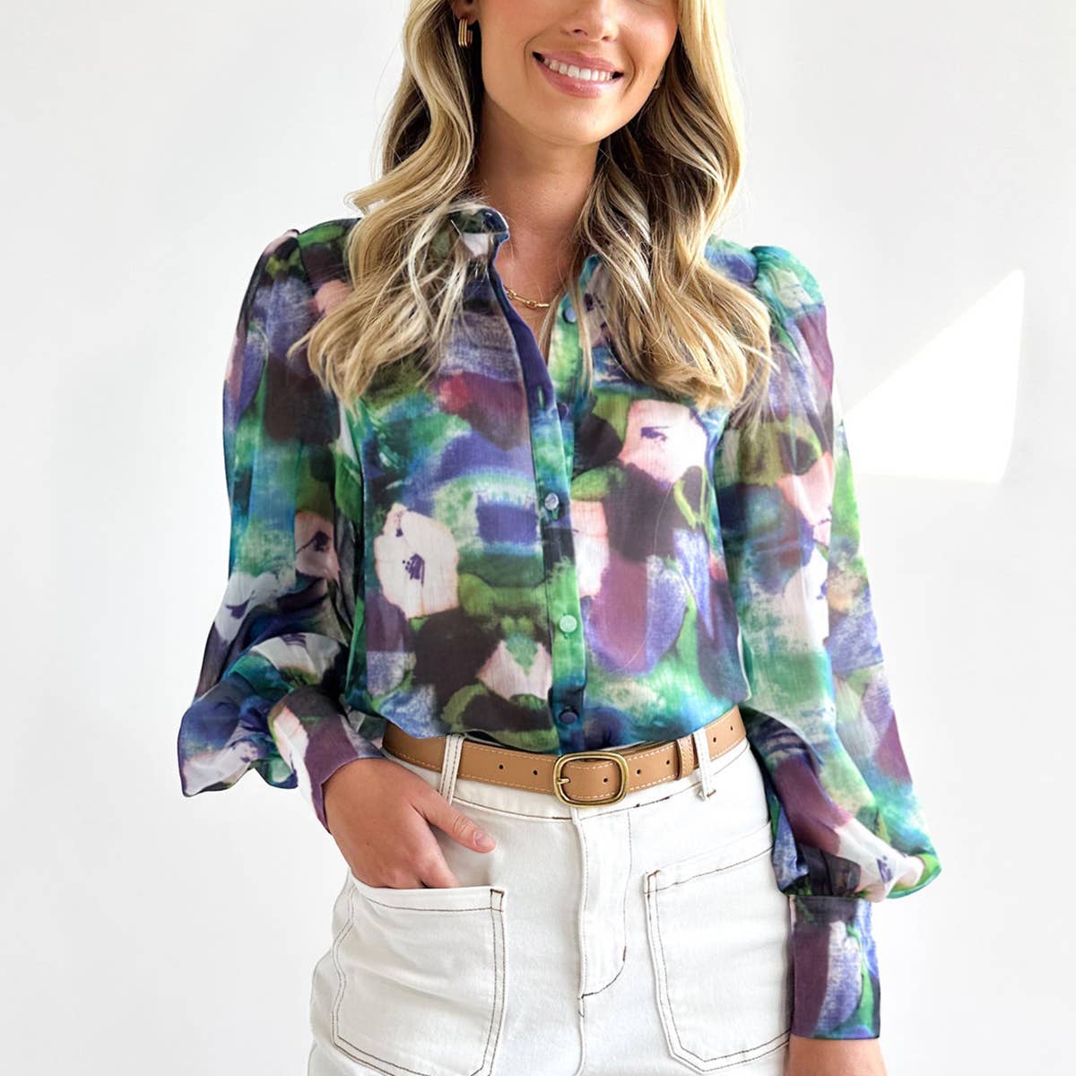 Tie-dye V-neck long-sleeved button-up shirt