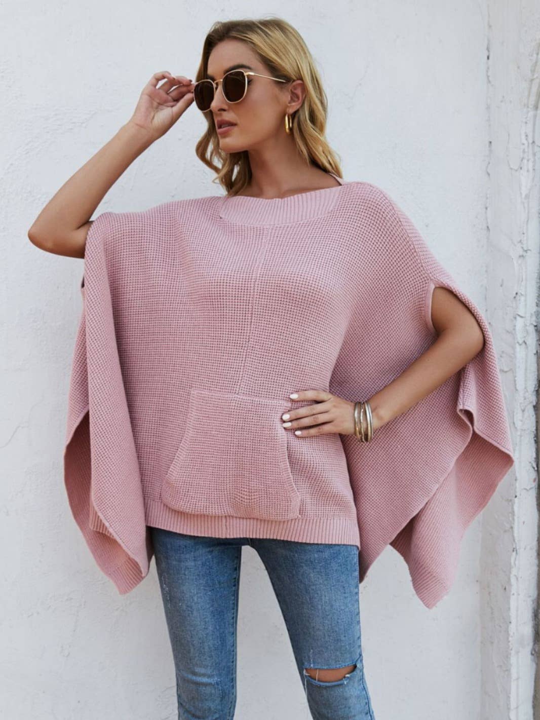 SOLID COLOR CASUAL STYLE PLUS-SIZE CAPE KNITWEAR
