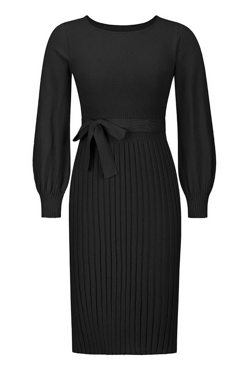 CWDMD4002_ROUND NECK TIE PLEATED MID-LENGTH KNITTED DRESS