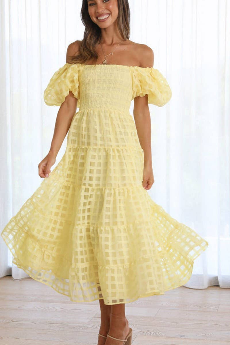 CWDMD5648_OFF SHOULDER LANTERN SLEEVE TIERED RUFFLE DRESS