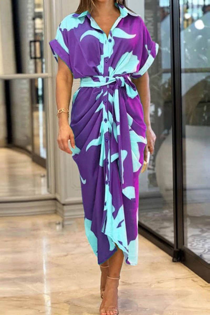 CWDMD4064_LAPEL PRINTED MIDI SHORT SLEEVE TIE SHIRT DRESS